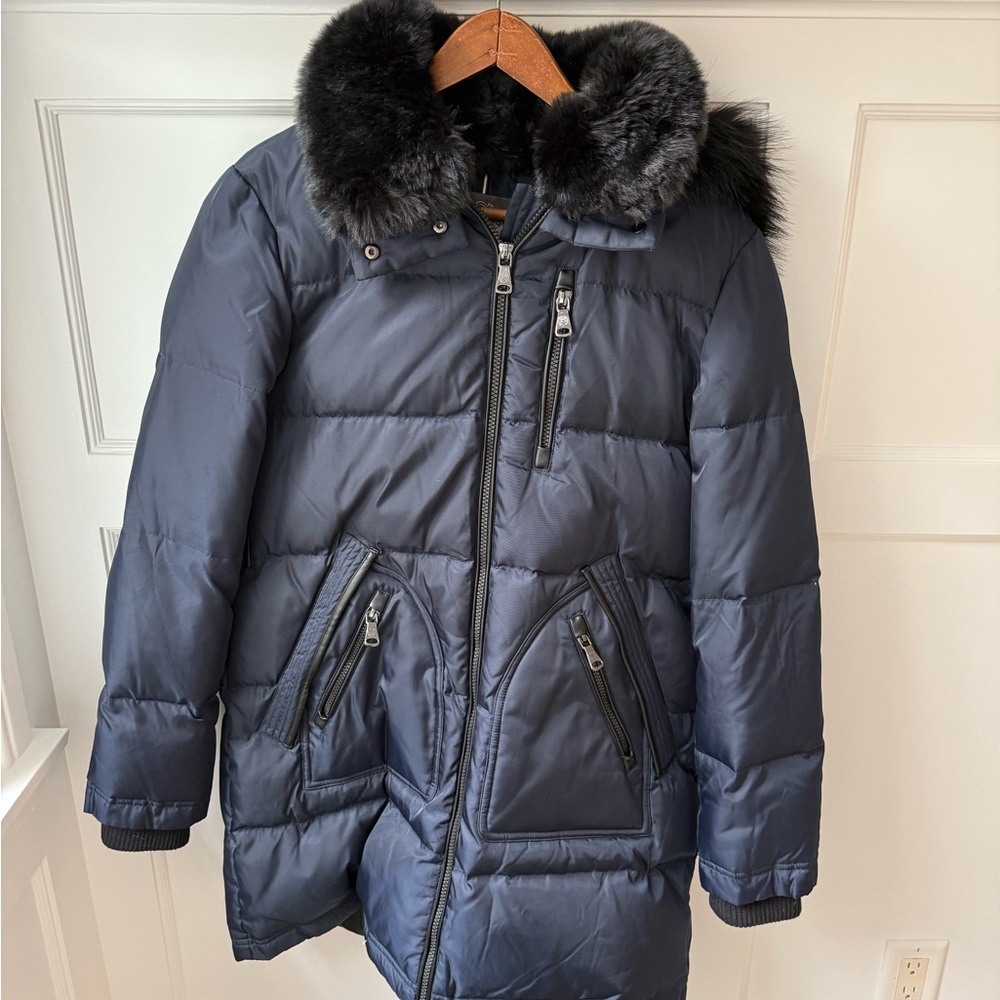 Vince Camuto Navy Blue Mid thigh Jacket with Black Fur Trim size medium